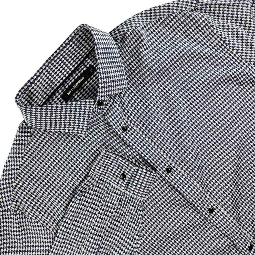 Karl Lagerfeld Shirt Mens Large Navy White Houndstooth Stretch Cotton Blend